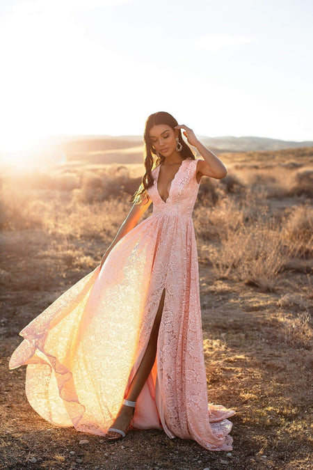 Lorena Shimmering Lace Gown - Blush