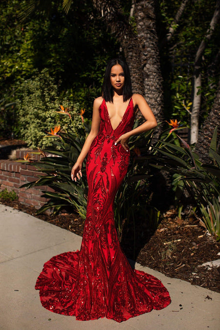 Lorena Shimmering Lace Gown - Deep Red