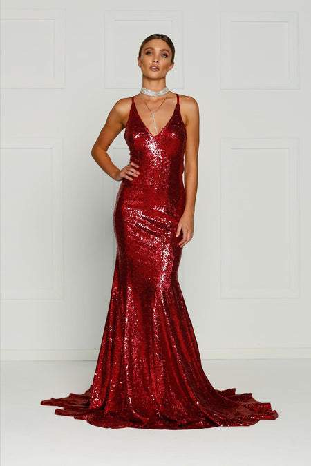 Rendira Sequin Gown - Deep Red