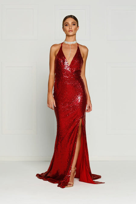 Lorena Shimmering Lace Gown - Deep Red