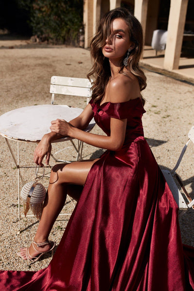A&N Luciana - Burgundy Satin Gown with Off-Shoulder Straps and Slit  A&N  Luxe Label