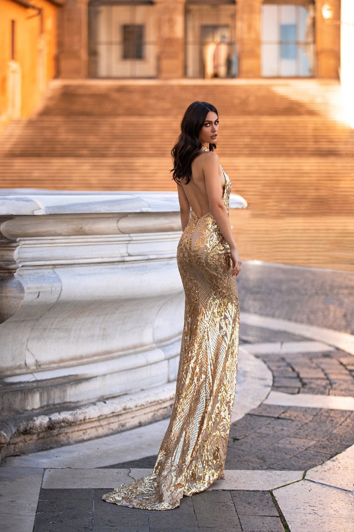 gold sequin dress nz AMIYA Lace Up Back Pattern Sequin Gown