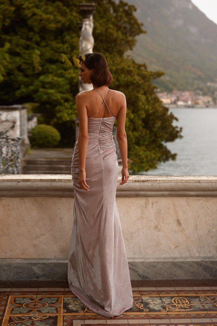 Henriette - Lilac Ruched Glitter Gown with Criss Cross Back