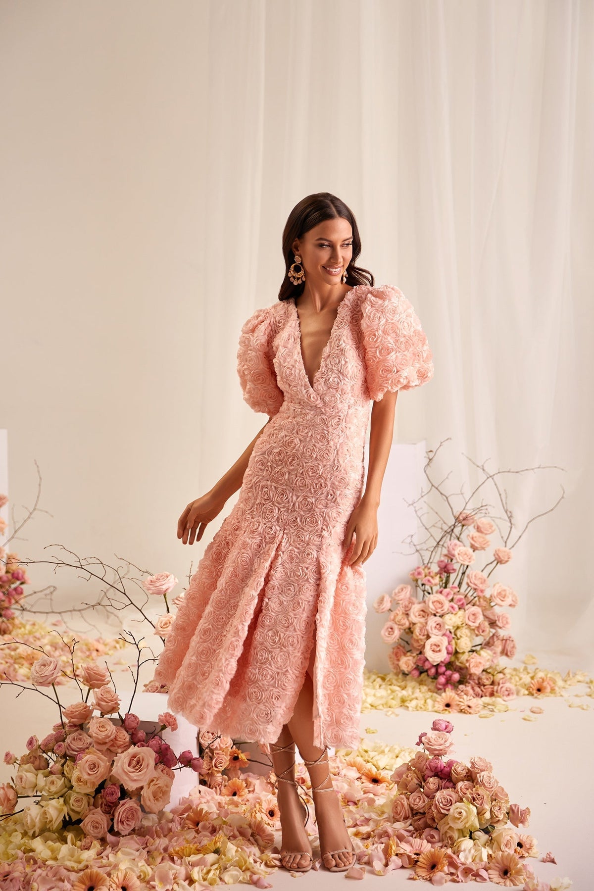 Simona Pink Backless 3D Floral Midi Dress