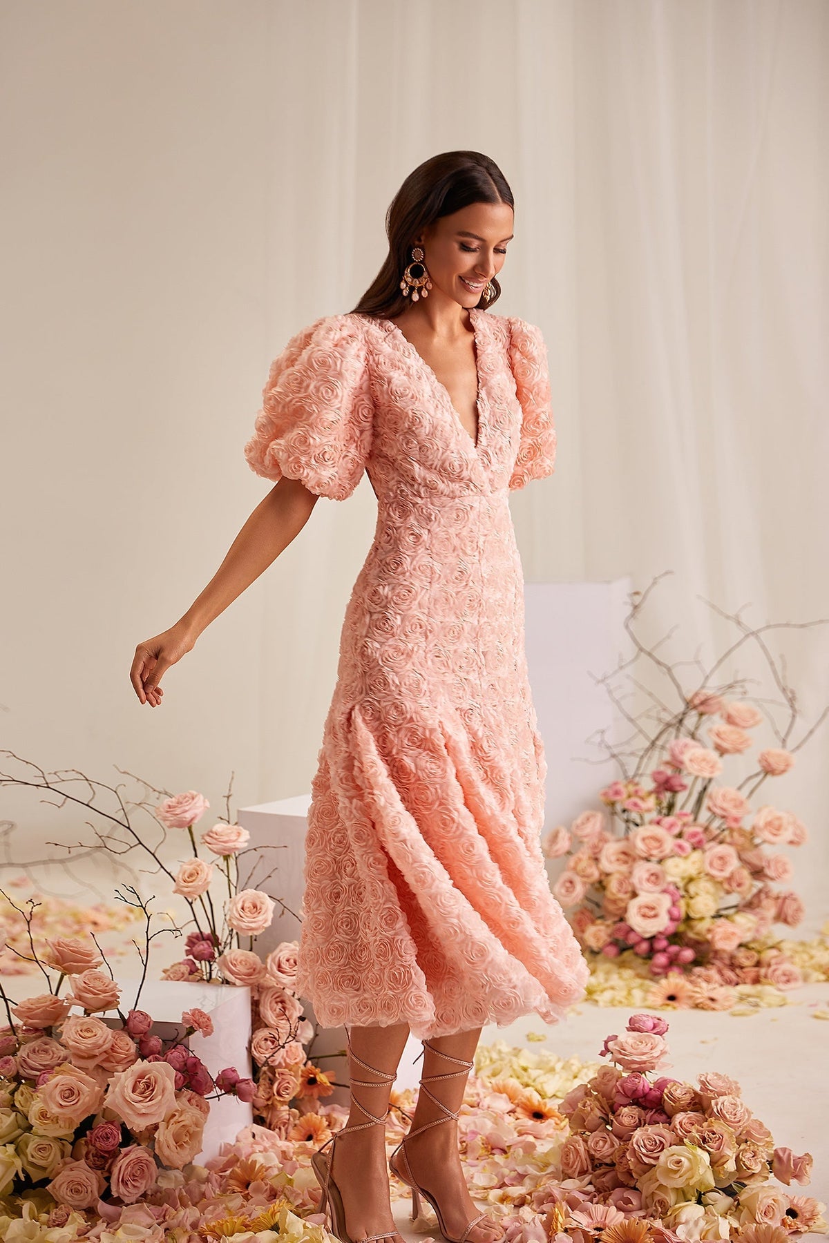 Simona Pink Backless 3D Floral Midi Dress