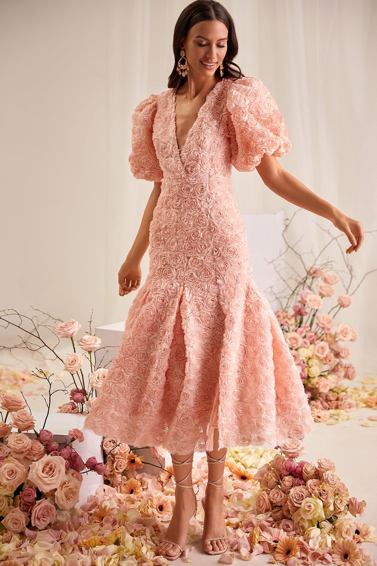 Simona Pink Backless 3D Floral Midi Dress