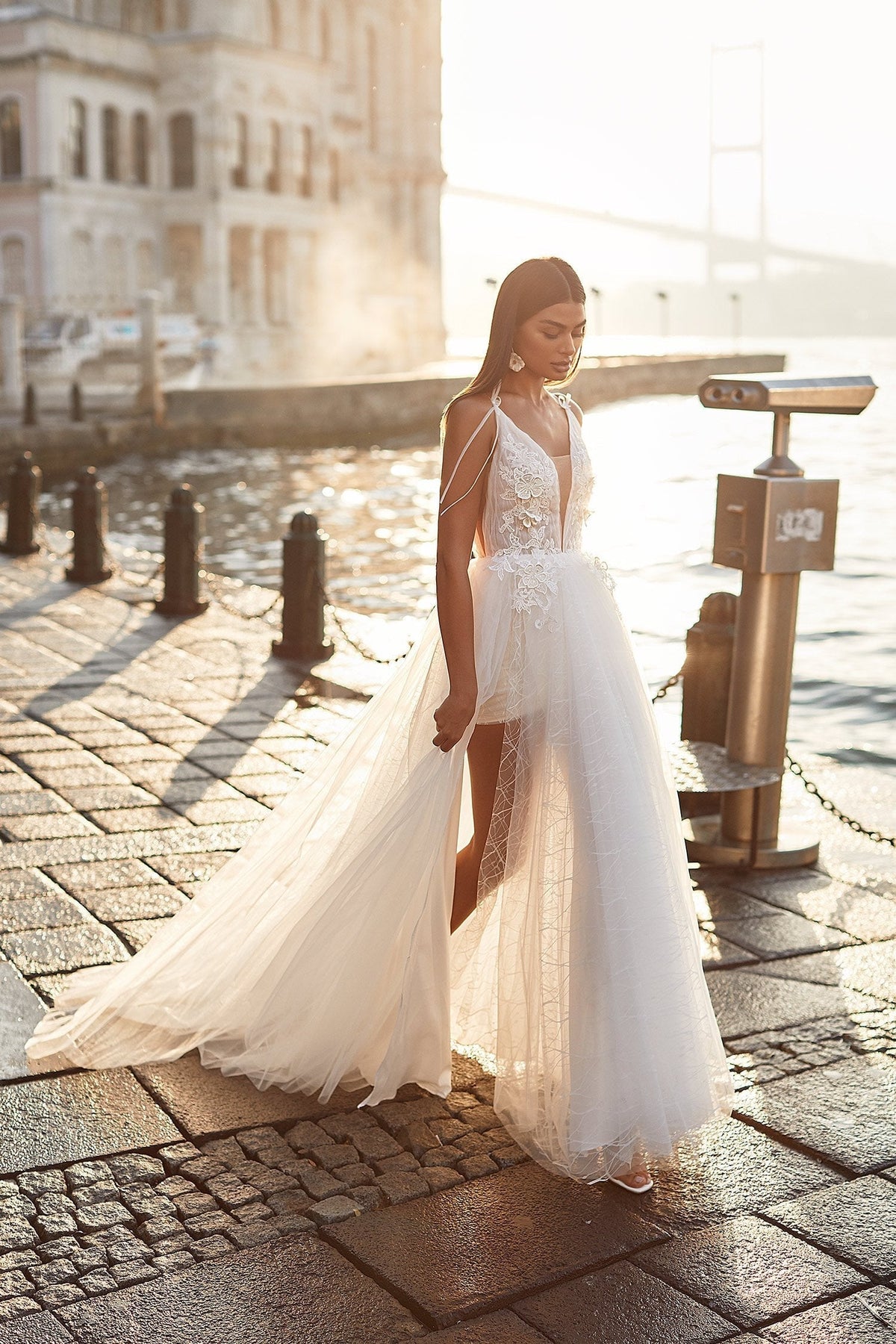 Sanem Gown - High Slit Mini Skirt Bridal Dress with Bow Sleeves