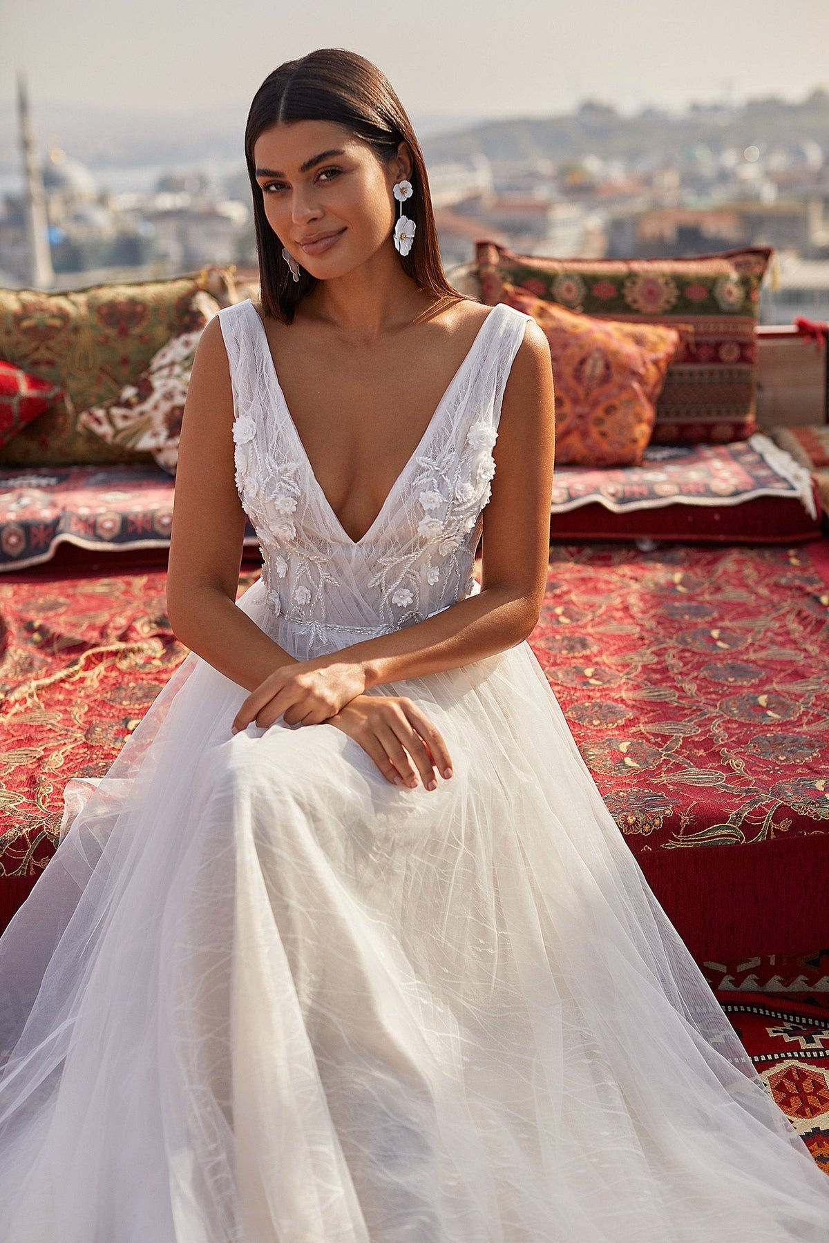 Aiyla Gown - Tulle A-Line Bridal Gown with Low Back and Floral Details