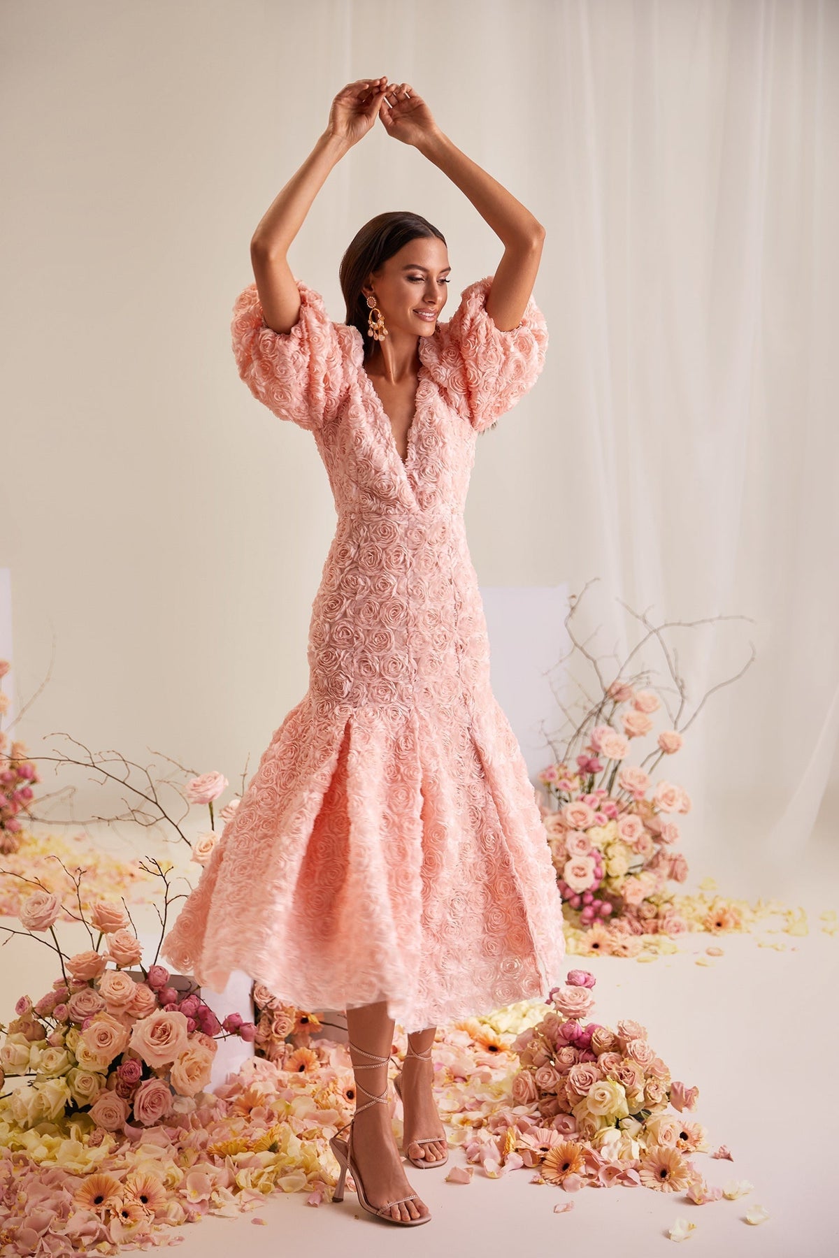 Simona Pink Backless 3D Floral Midi Dress