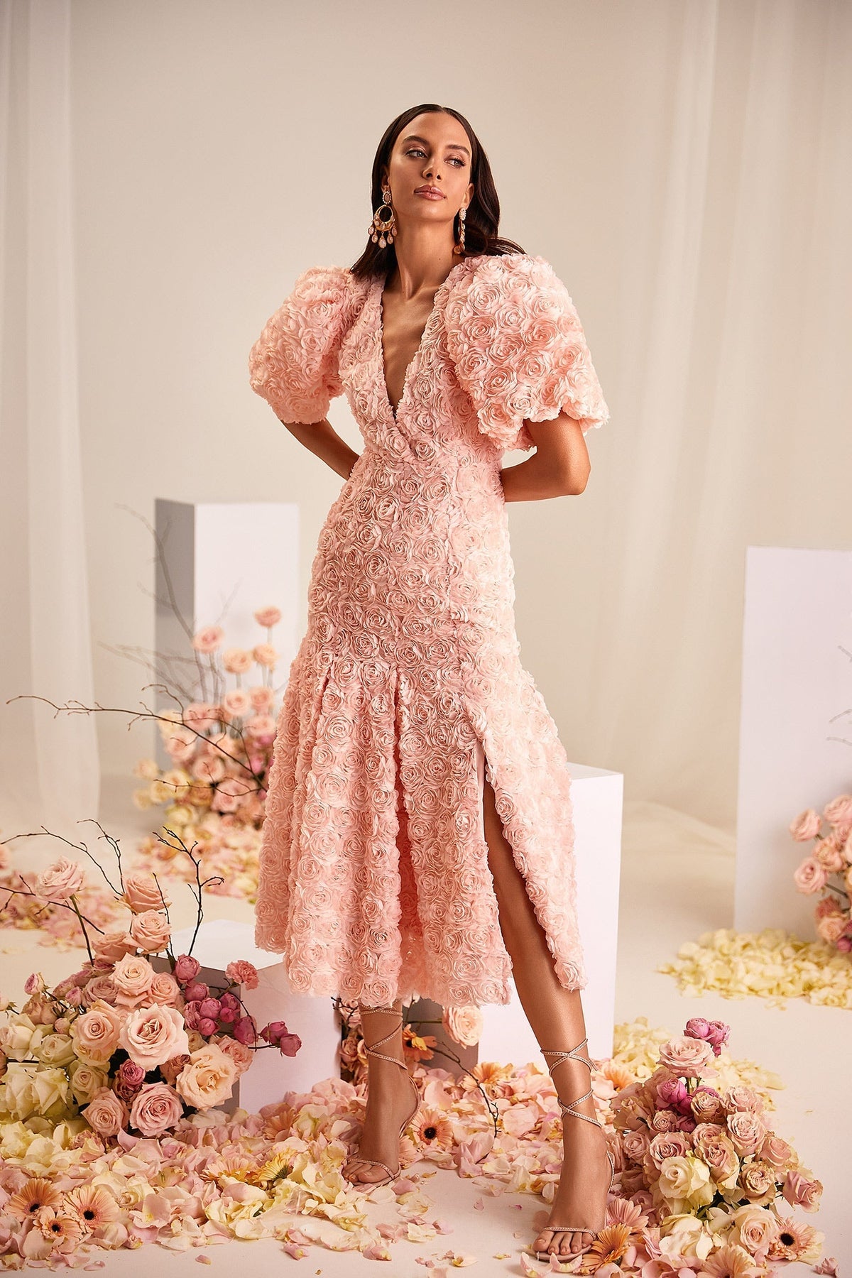 Simona Pink Backless 3D Floral Midi Dress