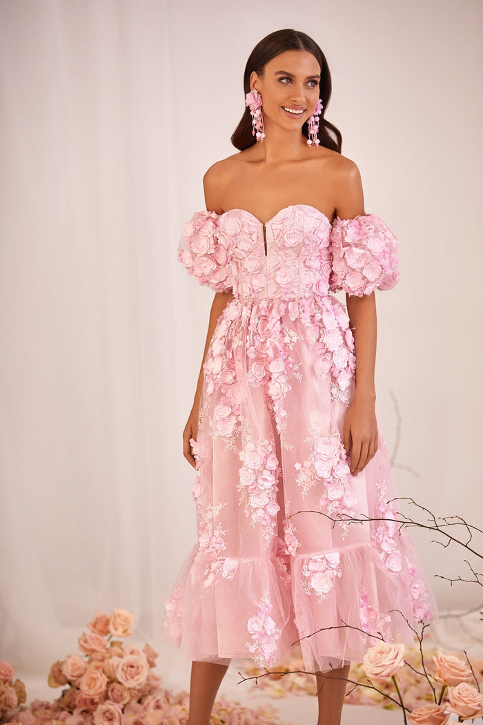 Patrizia 3D Floral Midi Dress with Short Puff Sleeves