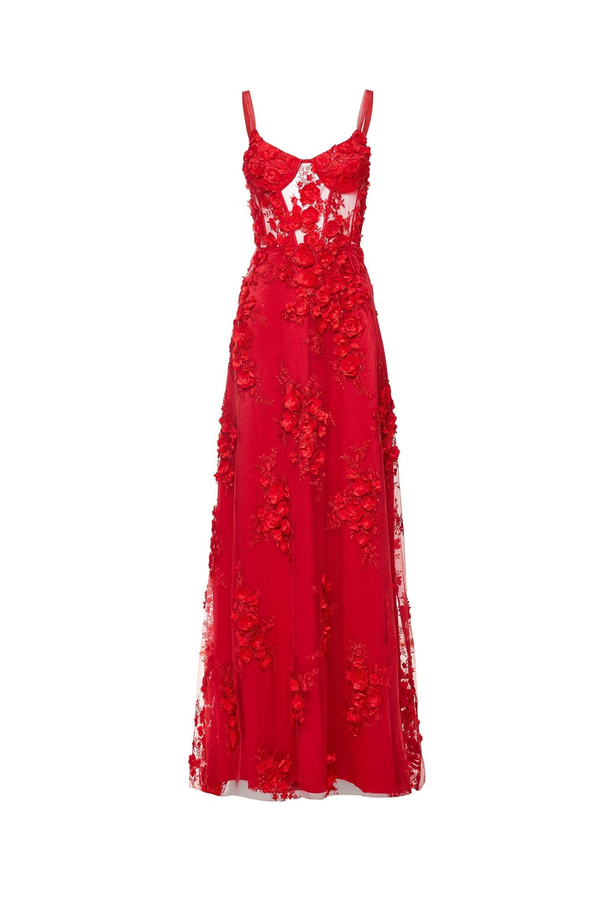 Magda - Red 3D Floral Gown with A-Line Silhouette