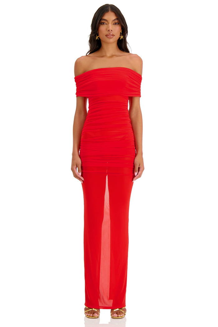Alamour The Label RTW Maxi Dress Nera Dress - Red Nera Red Off Shoulder Mesh Dress | Afterpay | Klarna | Zip Pay