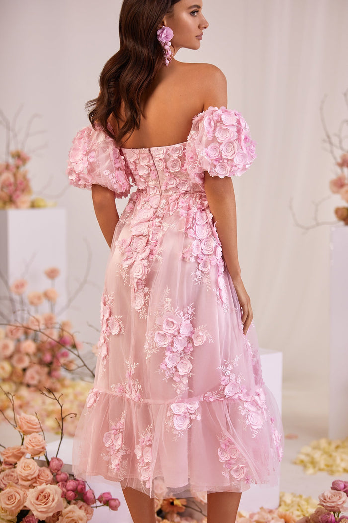 Patrizia 3D Floral Midi Dress with Short Puff Sleeves