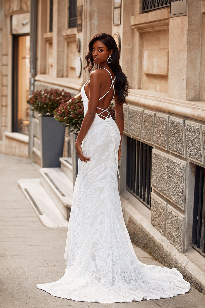 Zerlina - White Patterned Sequin Gown with Side Slit & Lace Up Back