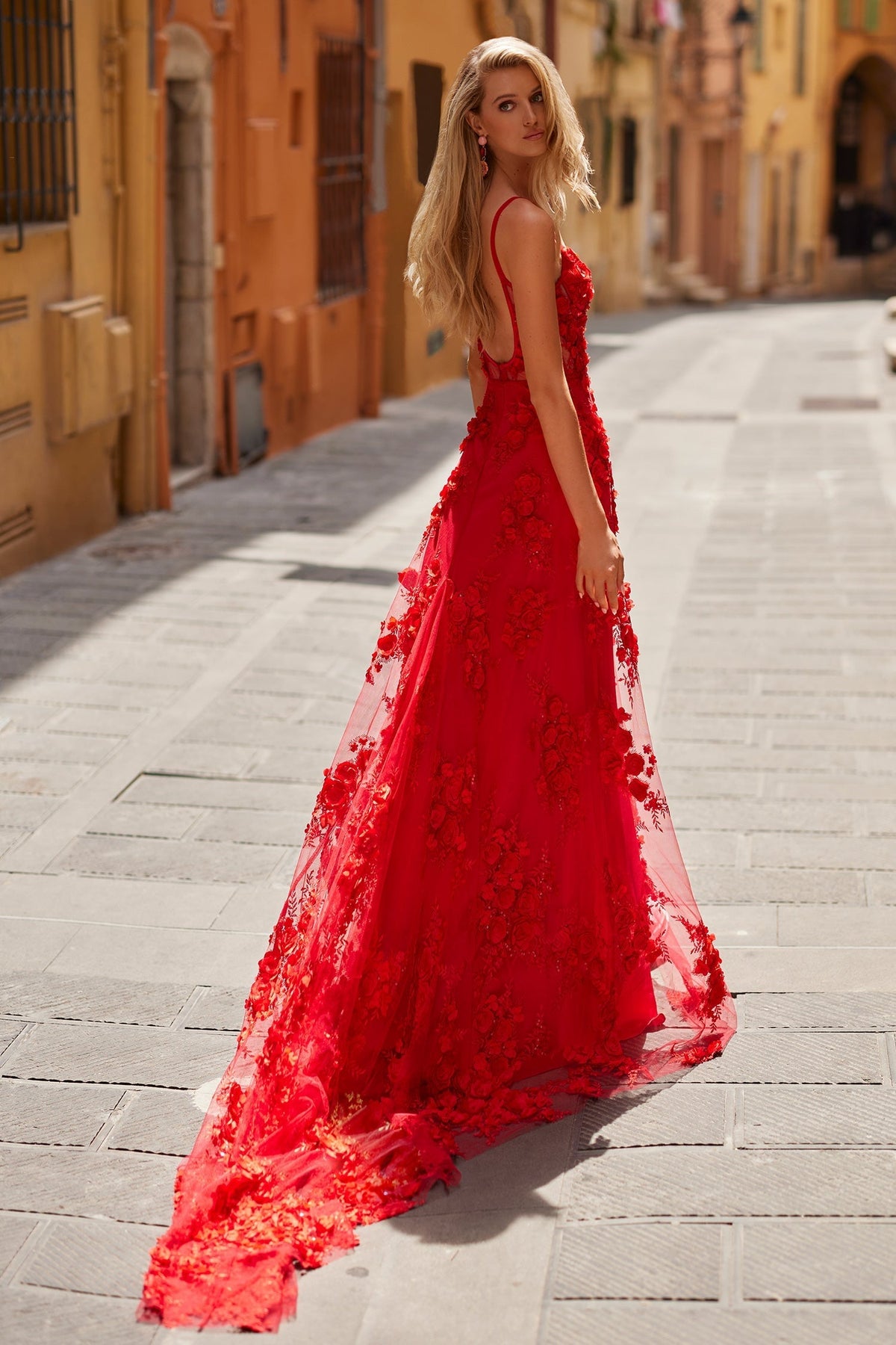 red 3d floral dress Red 3d Flower Euroflax Premium Linen Maxi Dress