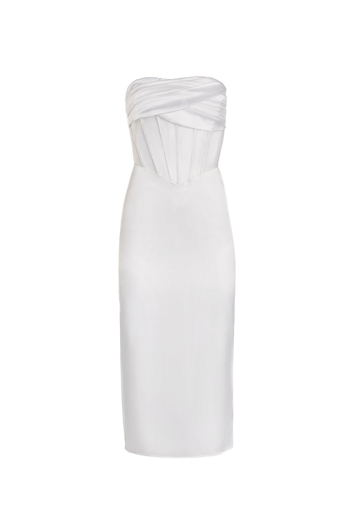 Yvonne Dress - White Strapless Satin Midi with Sheer Bodice