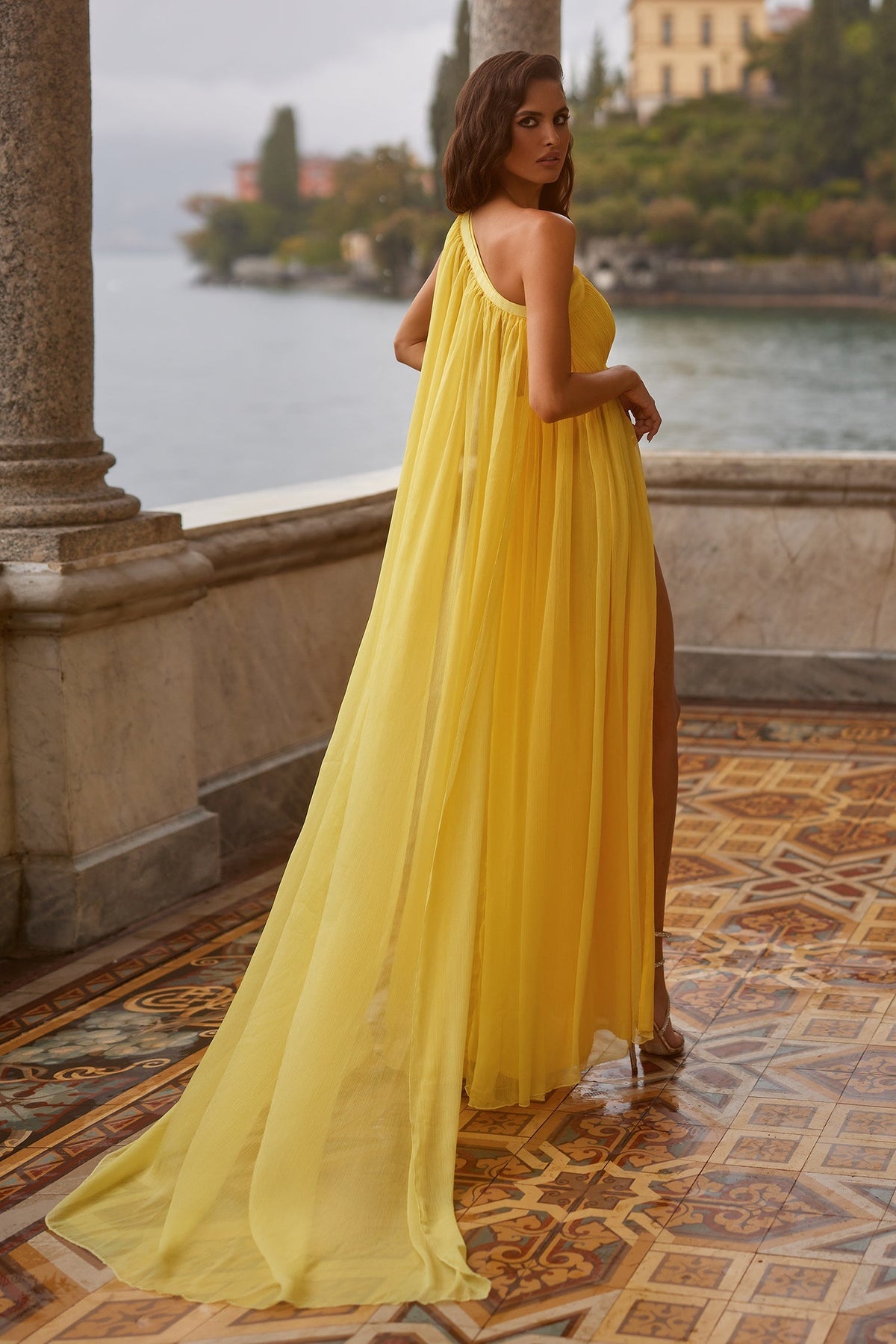 Marlene - Yellow Chiffon Gown with High Slit & Open Plunge Neckline