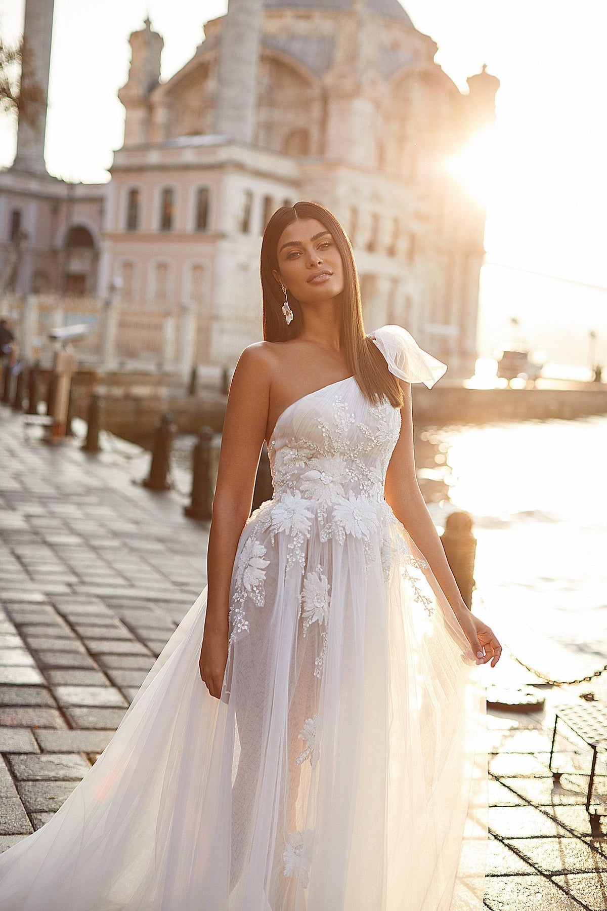 Seyyal Gown - One Shoulder Bridal Gown with Throw Over Sleeve
