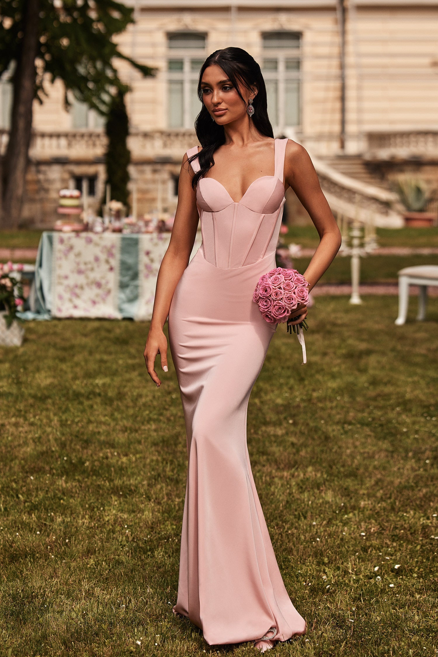 knee length dresses for ladies Evelyn Baby Pink Satin Gown | AfterPay | Klarna