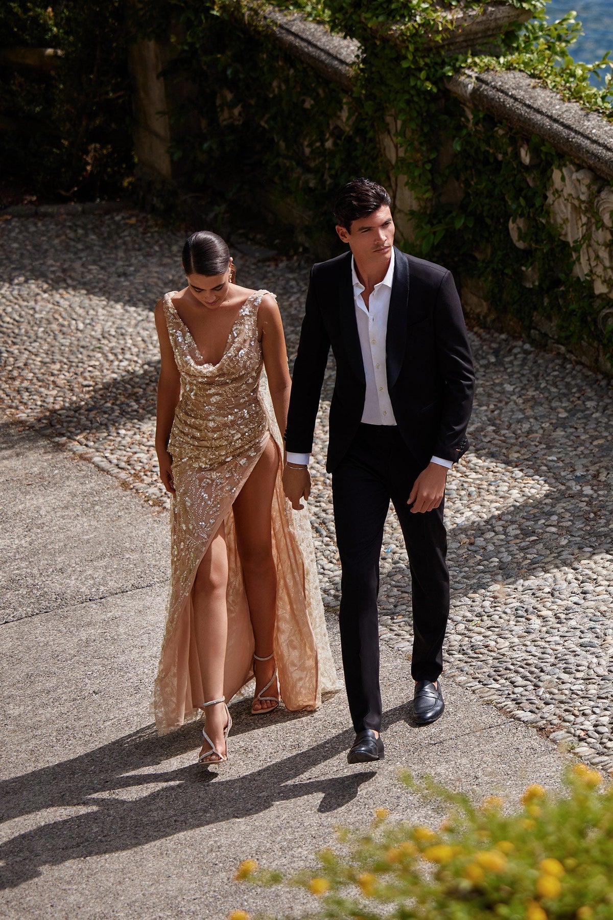 Priscilla - Gold Cowl Neck Beaded Gown with Back Cape