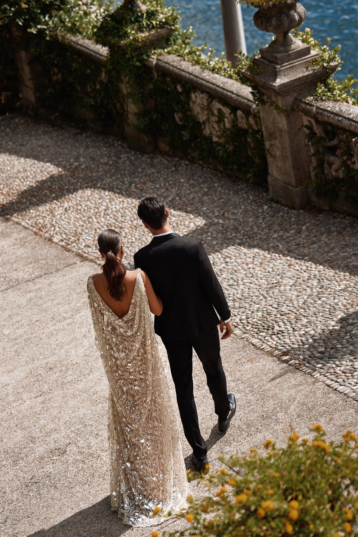 Priscilla - Gold Cowl Neck Beaded Gown with Back Cape