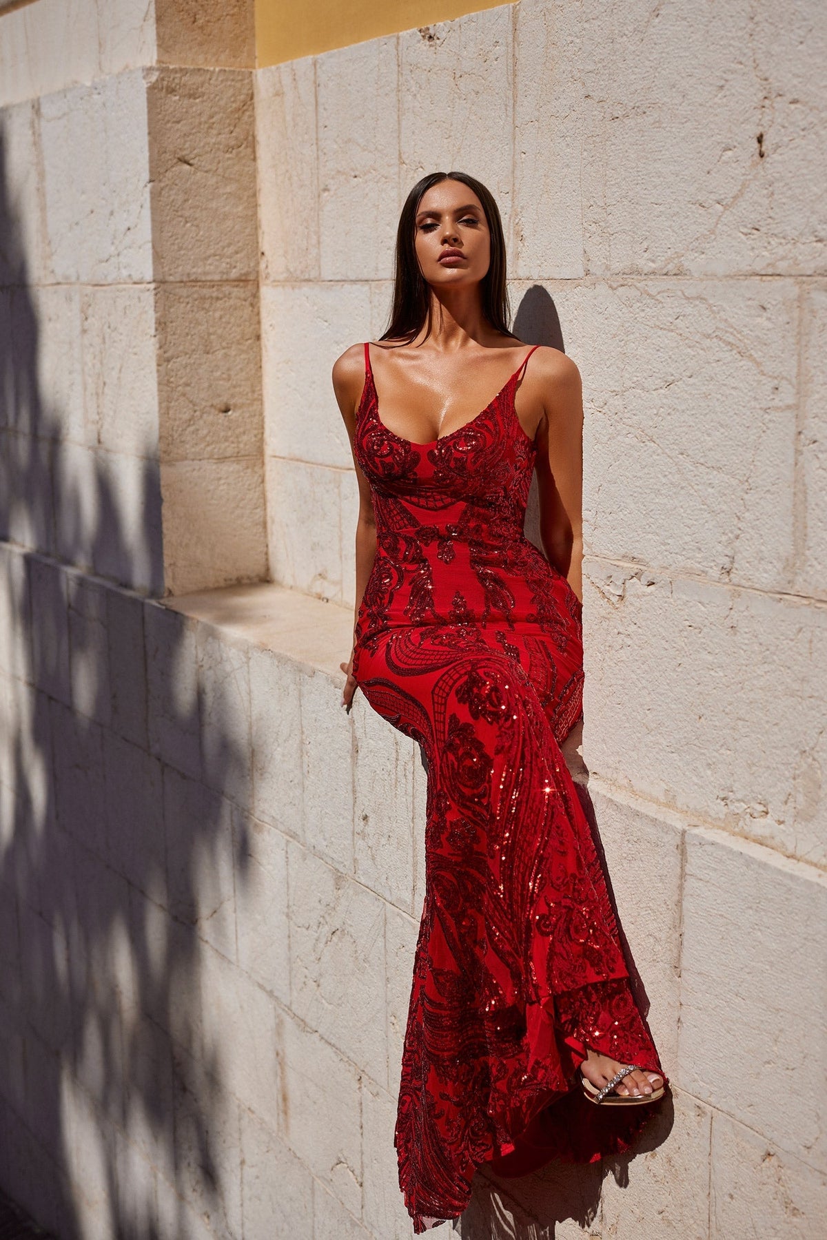 l'agence red sequin dress L'Agence Karma Sequin Maxi Dress in Red