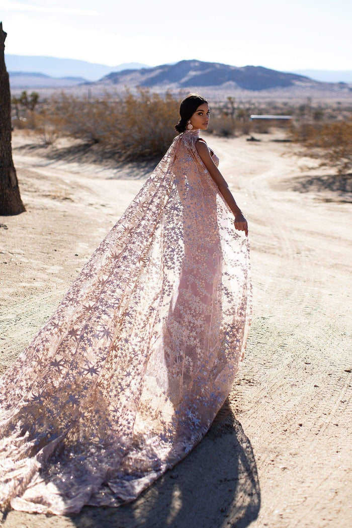 A&N Luxe Tyra -High Neck Rose Gold Glitter Cape Gown with Mermaid Train