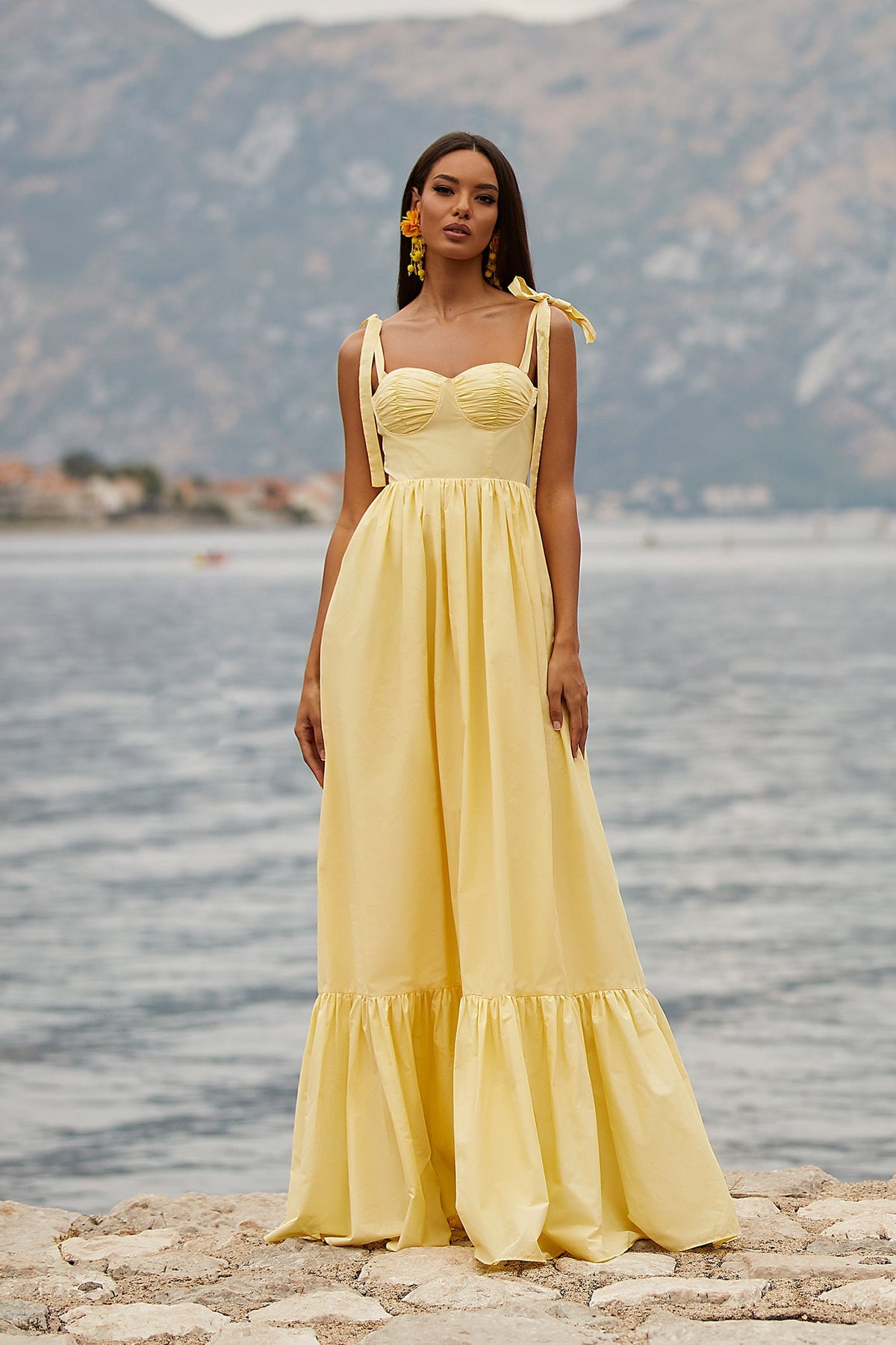 Lina Yellow Poplin Maxi Dress with Bow Sleeves