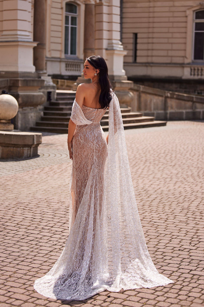 Valeriya Silver Beaded Off-Shoulder Gown