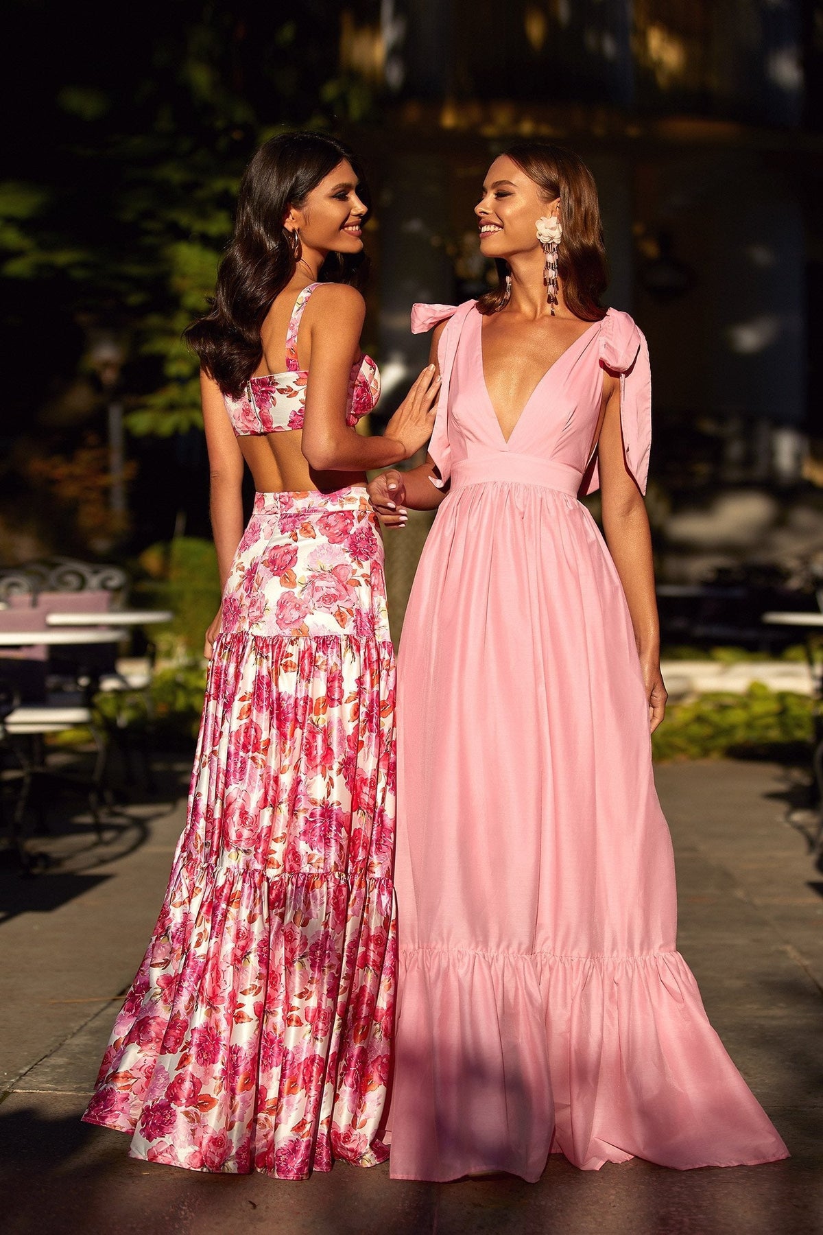 Cellina Dress - Pink A-Line Maxi Dress with Tie-Up Straps & V Neckline
