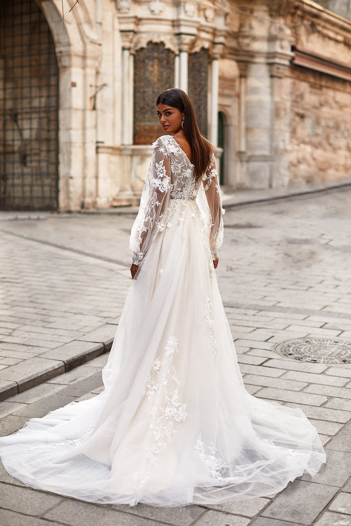 Melek Gown - Sheer Balloon Sleeve Wedding Dress with Floral Fabric