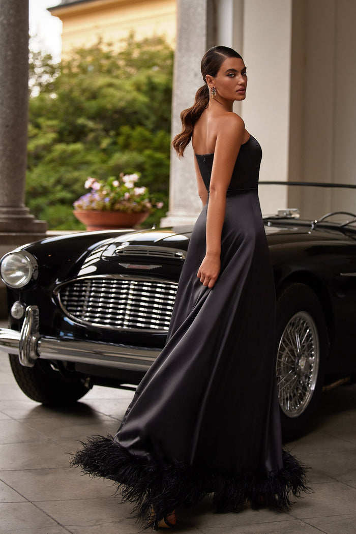 Scarlett - Black Strapless Satin Gown with Feather Trim Along Side Slit and Train