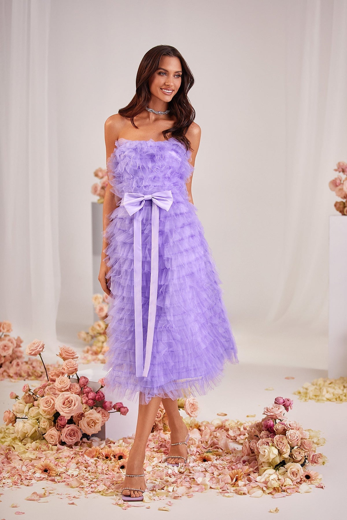 Tiana Lilac Tulle Strapless Midi Dress with Bow Belt