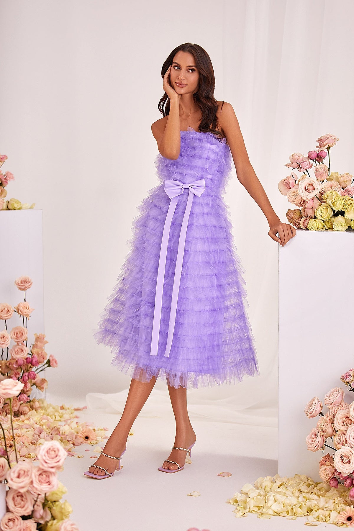 Tiana Lilac Tulle Strapless Midi Dress with Bow Belt