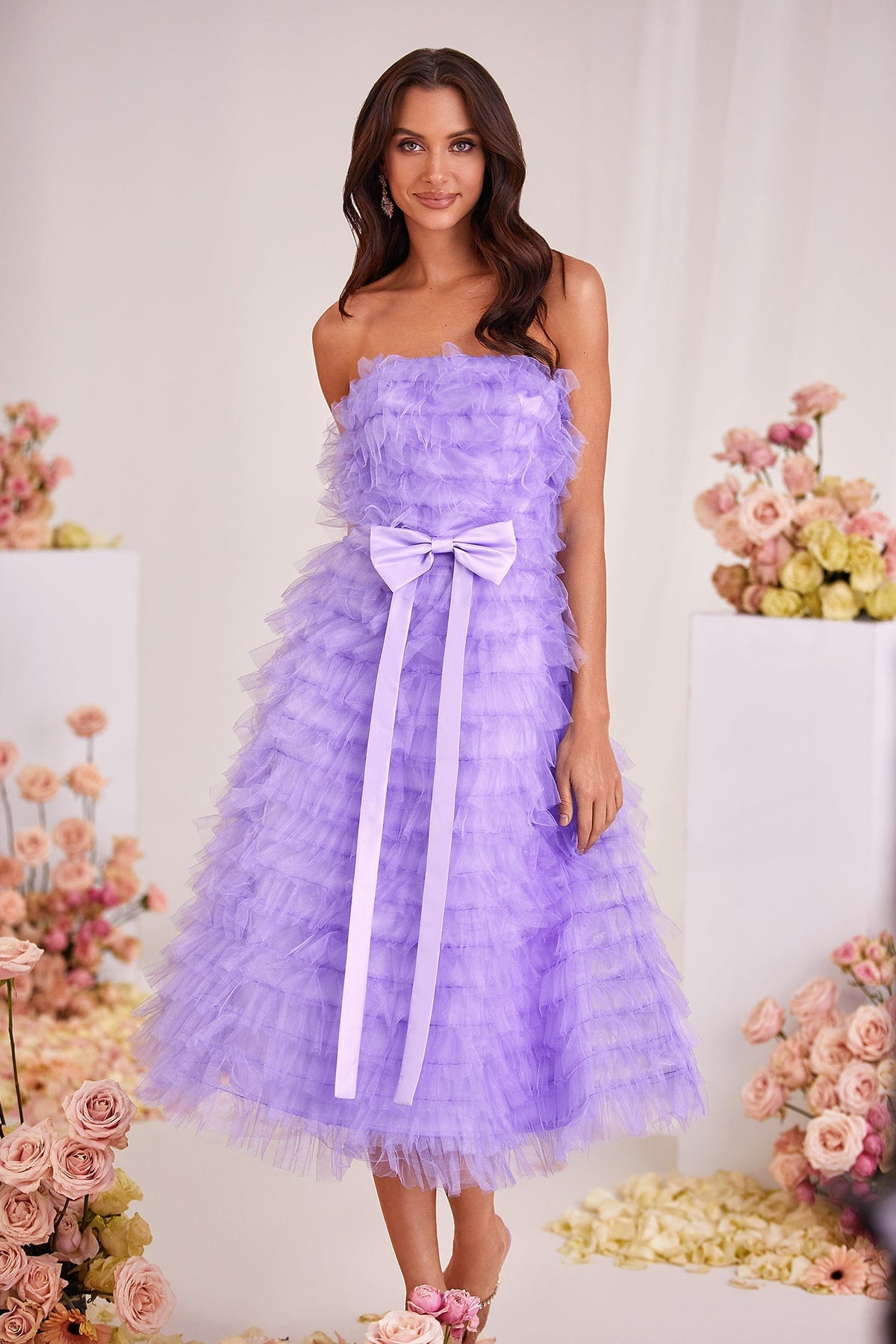 Tiana Lilac Tulle Strapless Midi Dress with Bow Belt