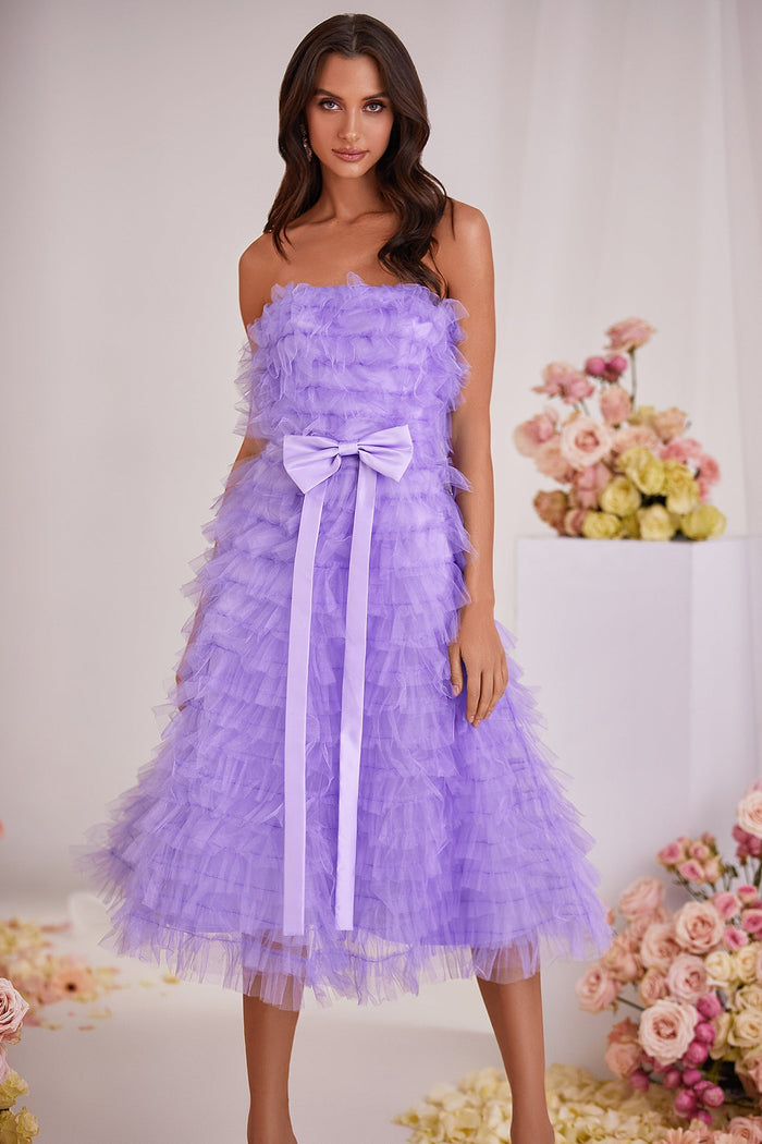 Tiana Lilac Tulle Strapless Midi Dress with Bow Belt
