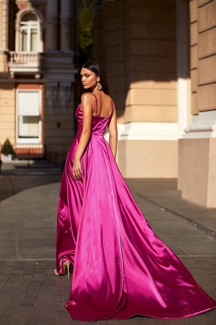 Ruru - Fuchsia Satin A-Line Gown with Deep V-Neck, Slit & Waistband