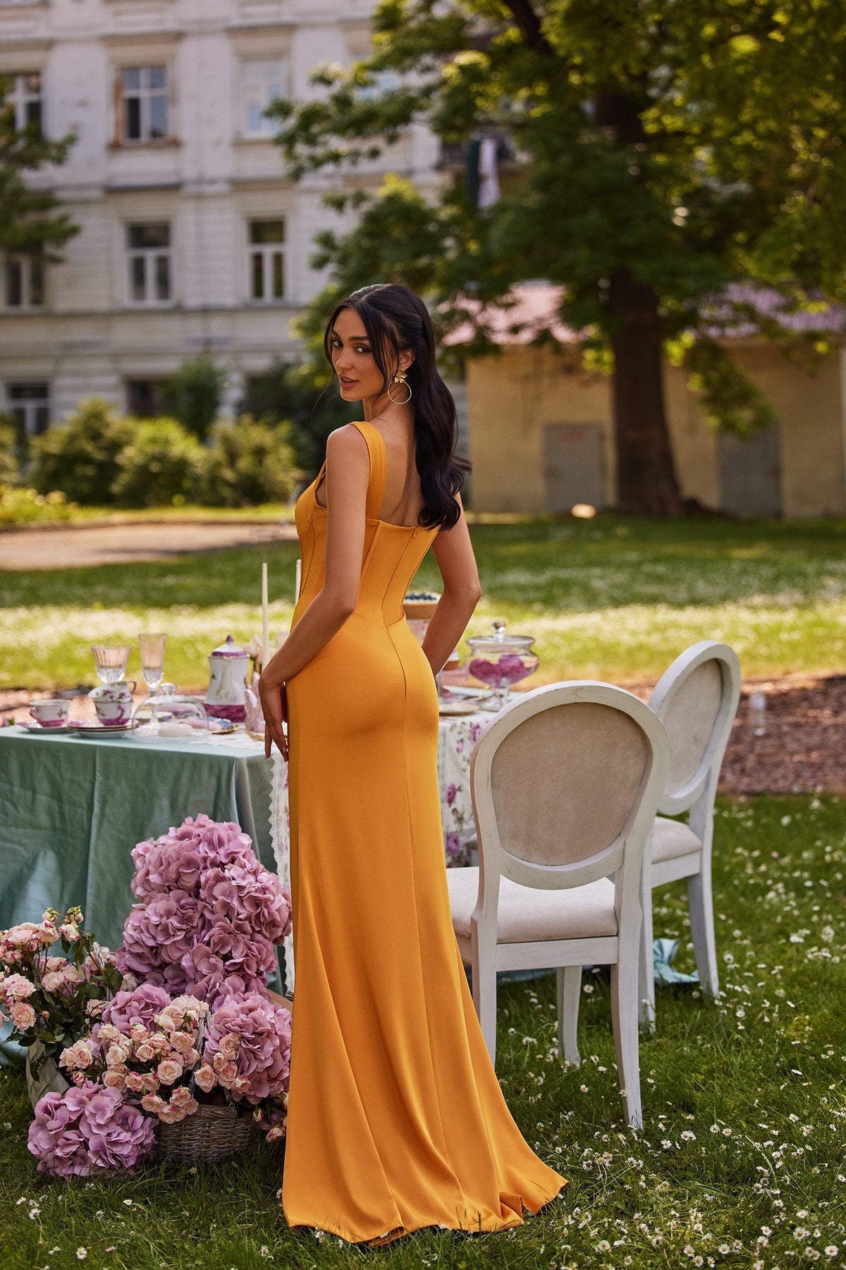 Blinera Amber Orange Matte Satin Gown