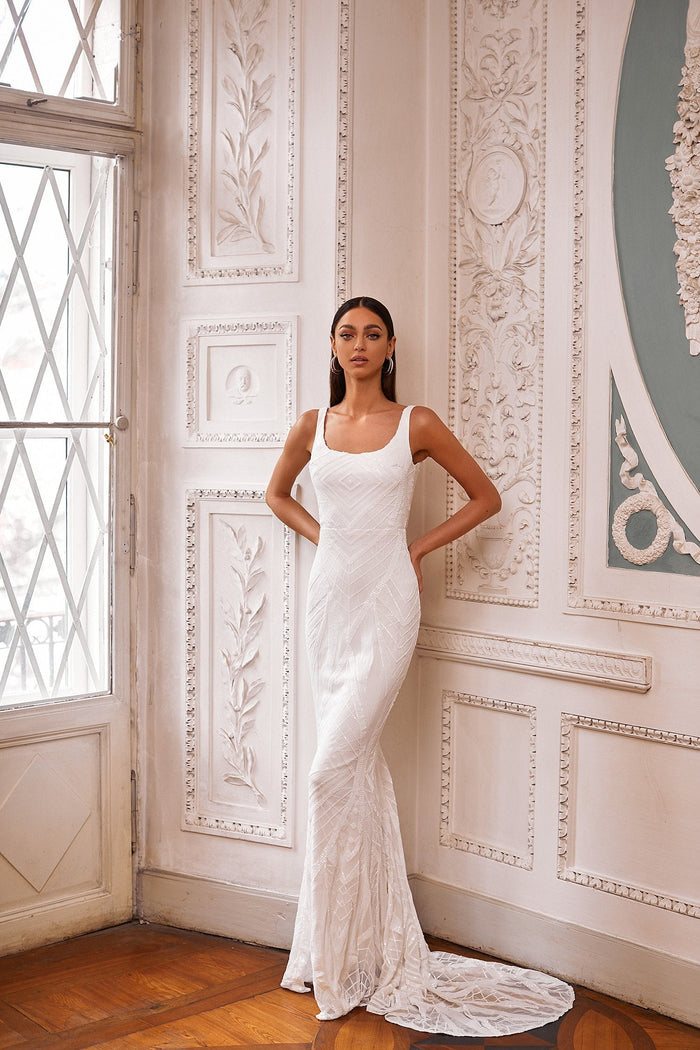 Alamour The Label RTW Maxi Dress Larisa - White Larisa White Sequin Gown with Mermaid Train | Afterpay | Klarna
