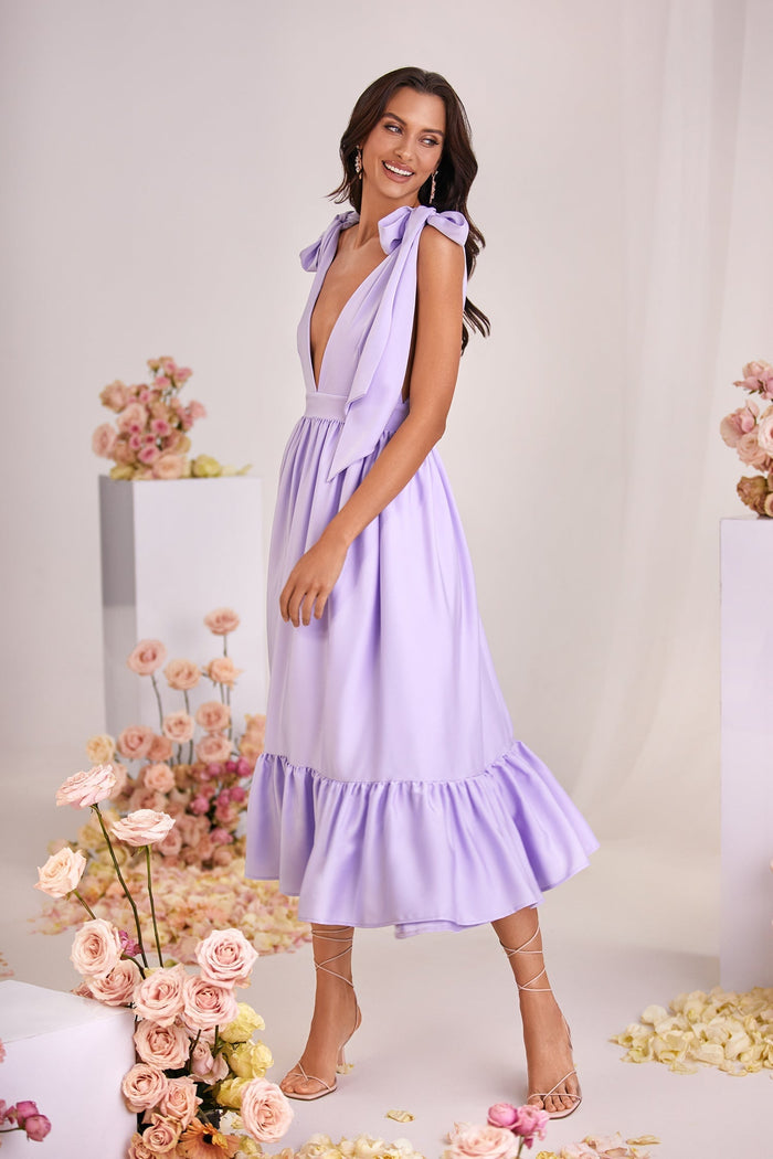 Teresa Lilac Midi Dress with Plunge Neckline