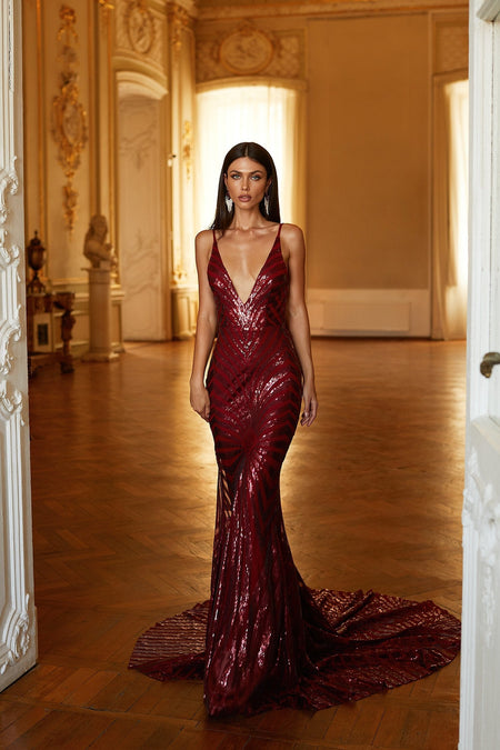 Mariana Sequin Gown - Burgundy