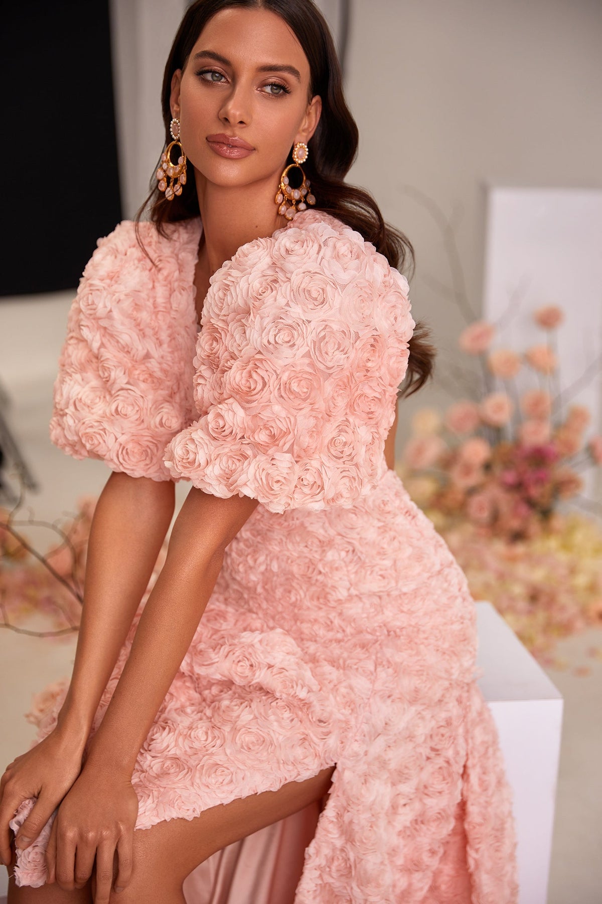 Simona Pink Backless 3D Floral Midi Dress