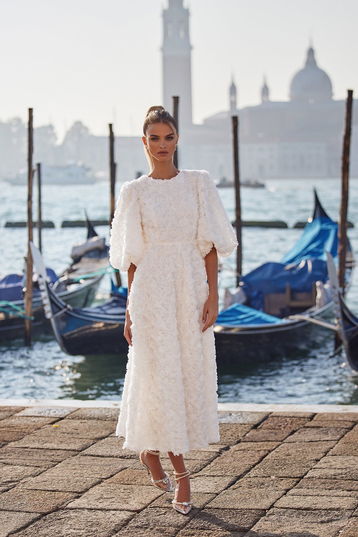Susanna - White 3D Floral Dress with High Scoop Neckline