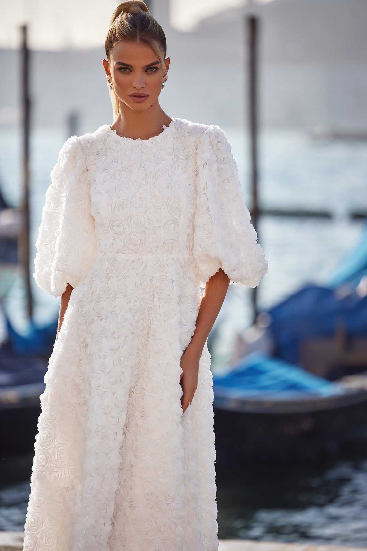 Susanna - White 3D Floral Dress with High Scoop Neckline