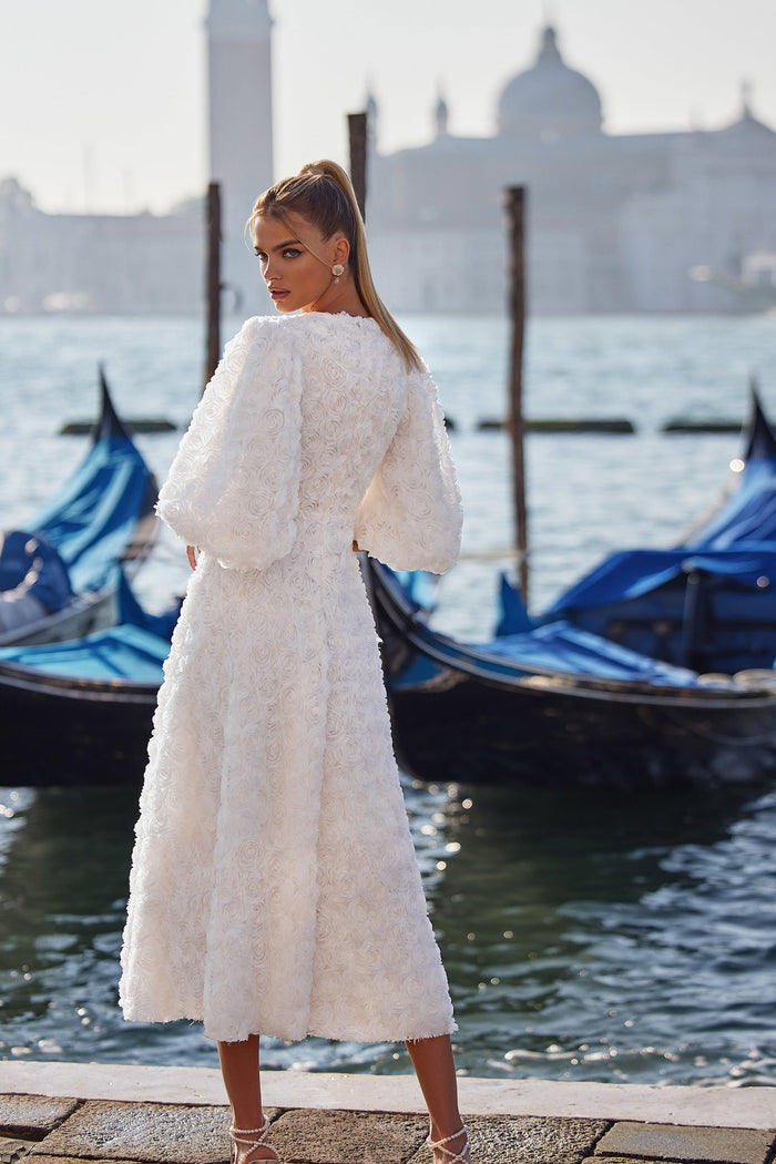 Susanna - White 3D Floral Dress with High Scoop Neckline