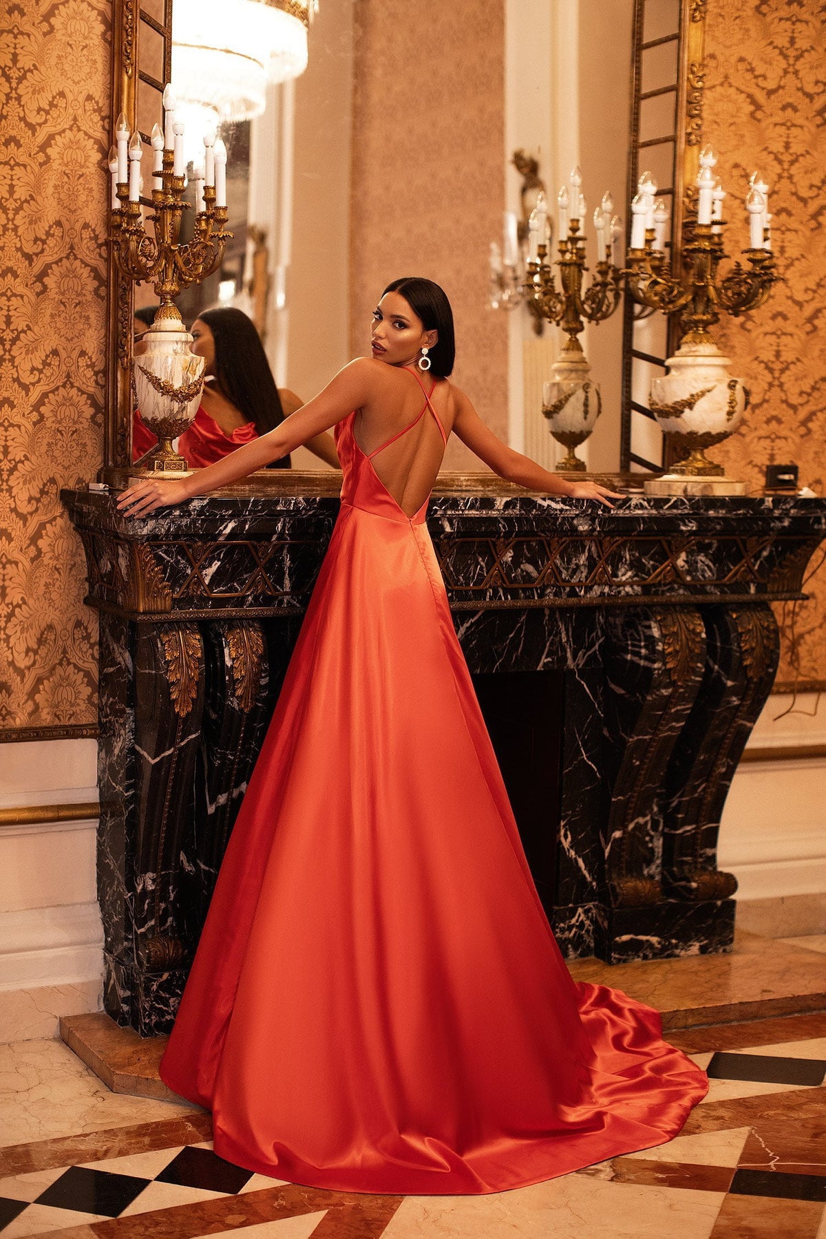 Livnia Orange Satin A Line Gown with Cowl Neck Criss Cross