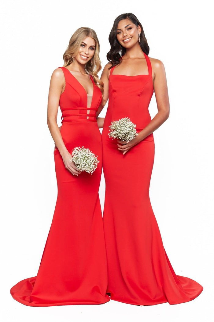 A&N Boutique Custom Bridesmaids Alana Gown - Red A&N Bridesmaids Alana - Red Plunge Neck Backless Mermaid Gown