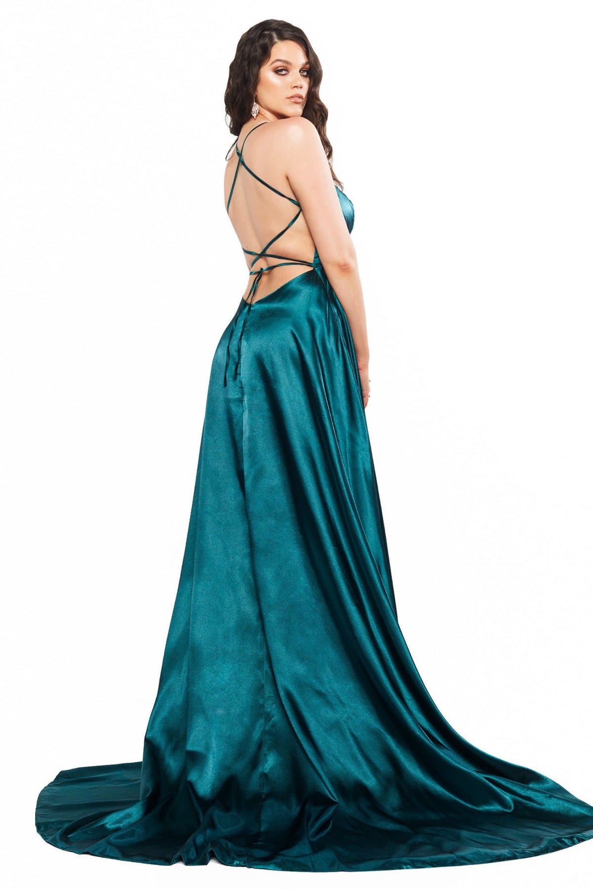 A&N Curve Bianca Satin Gown with Lace-Up Back & Side Slit - Teal A&N Curve Bianca Satin Gown with Lace-Up Back & Side Slit - Teal
