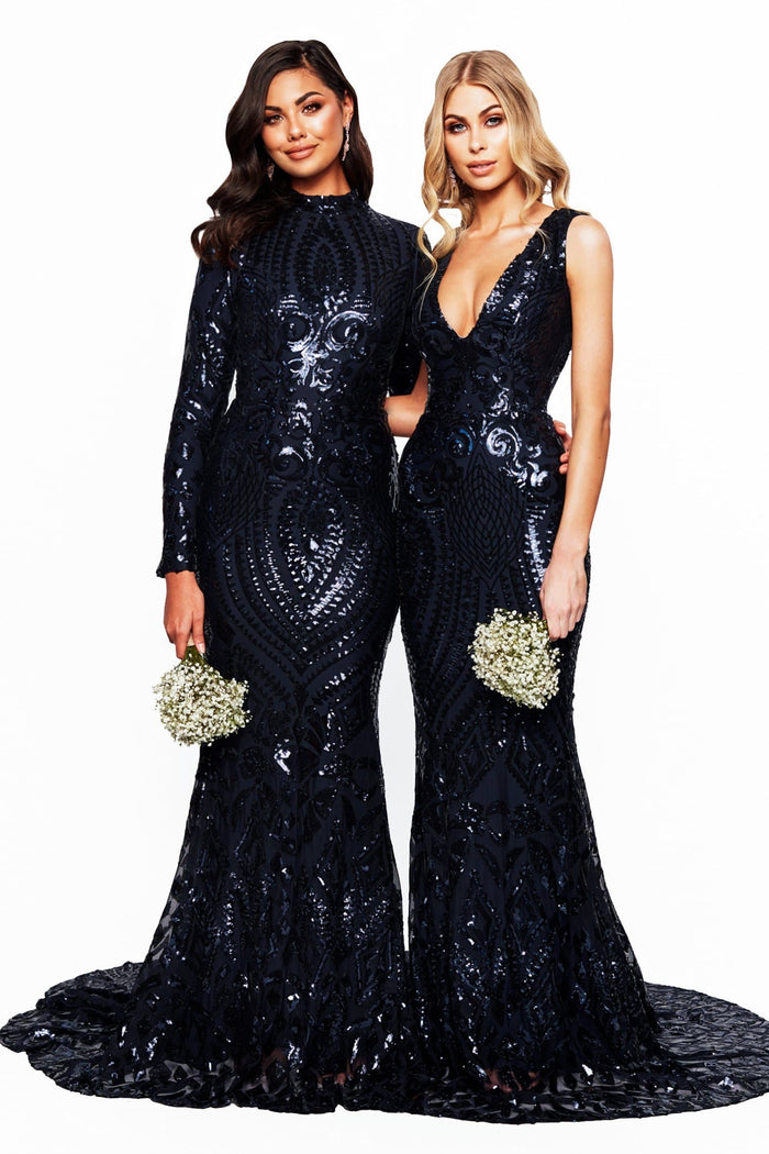 A&N Boutique Custom Bridesmaids Cosimia Sequin Gown - Navy A&N Bridesmaids Cosimia - Navy Long Sleeve Sequin Gown with High Neck